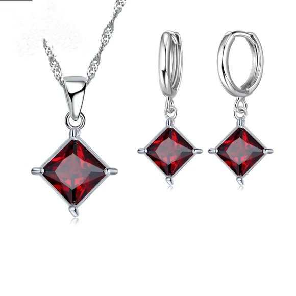 ⭐4pc Bundle Ruby Princess Cut  Pendant And Earrings w/ 18" Chain Sterling Silver - Picture 4 of 5